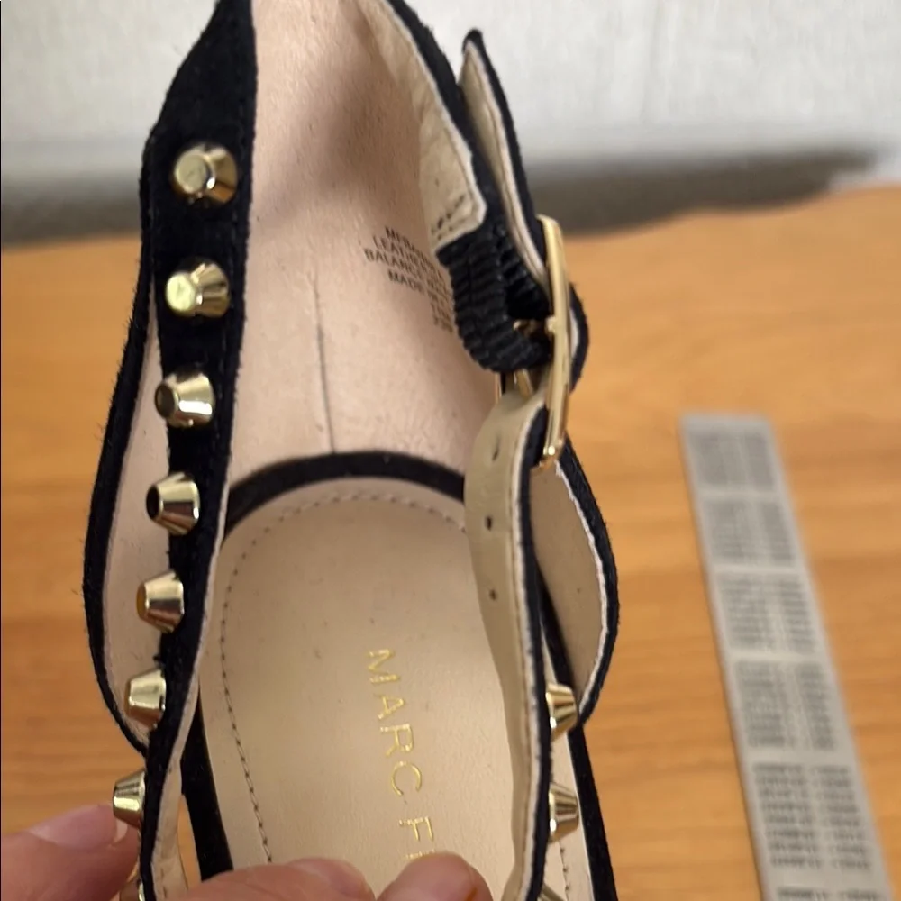 Marc Fisher Black Suede Stiletto Gold Studded Strappy Women's 11M Strappy Ankle